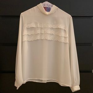 Vintage White Ruffle Botton Down Blouse with Back Botton Closure, Size M